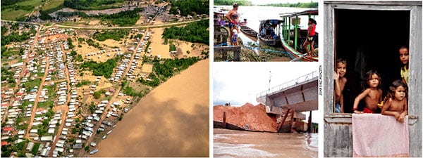 Vista aérea da cidade, ontem pela manhã, já quase fora d’água; ao lado, cabeceira da ponte é reformada após erosão; população resiste à maior alagação em 101 anos 