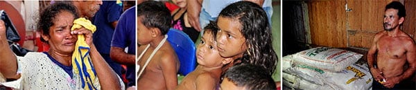 Maria de Fátima chora ao ter sua casa levada ontem em deslizamento de terra; ao centro, crianças assistem a desenhos; José Célio mostra sacas de farinhas perdidas  