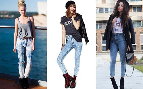 Nas calças, a característica é de ser cintura alta e skinny, combinando especialmente com uma camiseta ou corpete e aquele salto alto para finalizar. Outra alternativa é compor um look rocker, com sapatos chamativos, como coturnos, creepers e botinhas. Use salto e blazer, se precisa estar mais arrumadinha.