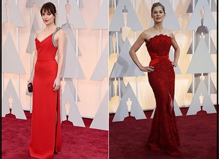 Vermelho sedução! As mais sedutoras do tapete vermelho foram sem dúvida a atriz Dakota Johnson, protagonista do filme 50 Tons de Cinza, que vestiu Saint Laurent, e a linda Rosamund Pike, que usou Givenchy
