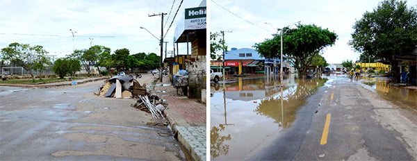 Entulhos, restos de lixo e um cheiro forte ficaram nas praças de Rio Branco que foram atingidas; já em várias ruas, a água ainda cobre calçadas inteiras