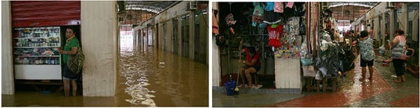 No Camelódromo, os comerciantes tiveram que tirar tudo dos seus boxes; no pós-cheia, eles tentam somar o prejuízo e limpar o local  