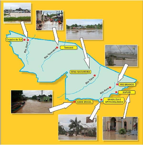 Mapa mostra rios acreanos que transbordaram e deixaram milhares de famílias desabrigadas nos municípios