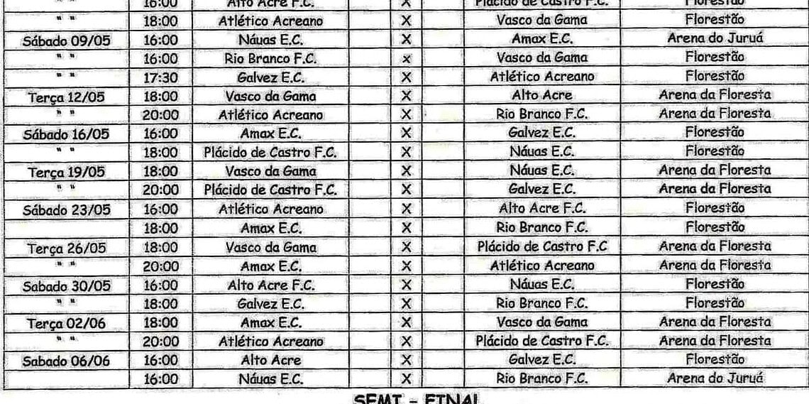 Federação divulga tabela do returno do Acreano; jogos serão às terças e sábados