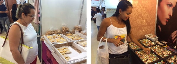 Regina Célia e Mileide Farias elogiaram a exposição e afirmaram que material vendido é de boa qualidade. (Fotos: Tiago Martinello/ A GAZETA)