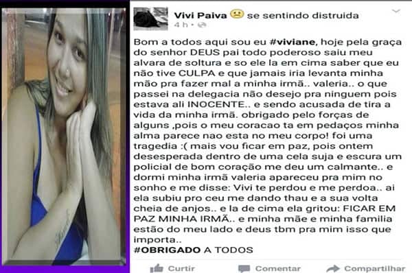 Justiça concede habeas corpus para jovem acusada de matar irmã a golpe de tesoura 1 Viviane do Carmo se pronunciou nas redes sociais
