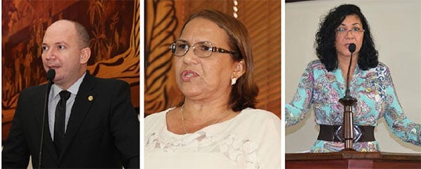 Os deputados estaduais Gehlen Diniz (PP) e Juliana Rodrigues (PRB) apoiam o debate sobre a restrição do porte de arma branca; já Eliane Sinhasique discorda. (Foto: Agência Aleac)