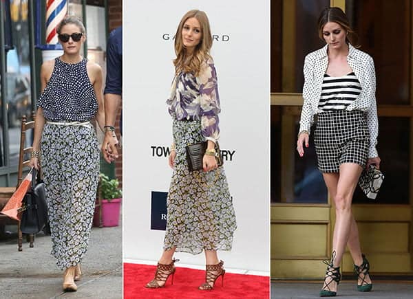 Olivia Palermo repetiu a saia floral usada no red carpet e acertou nas duas vezes. Mas não há como não se apaixonar pelo terceiro look que junta todos os clássicos: xadrez, listras e poá. Todos em P&B.