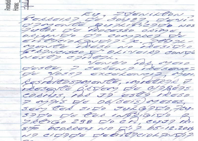 Preso impetra habeas corpus ao TJ/AC escrito à mão