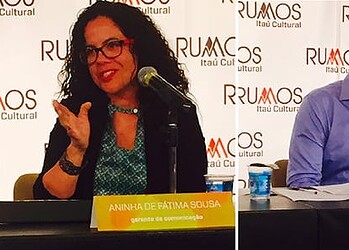 Aninha de Fátima, gerente de comunicação, e Eduardo Saron, diretor do Itaú Cultural