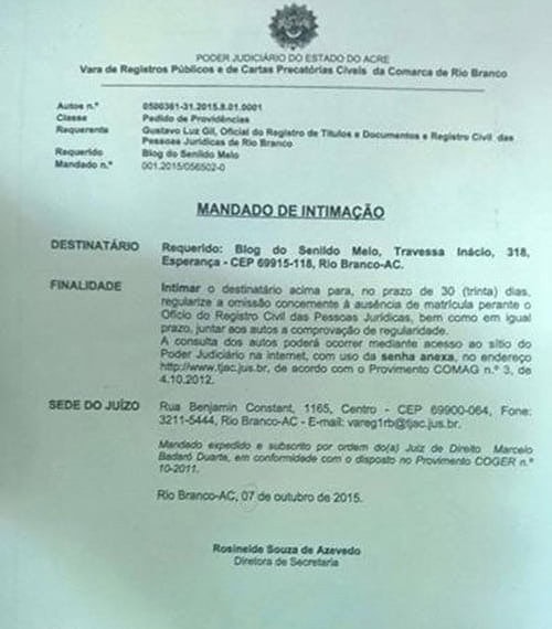 Presidente do Sinjac recorreu de notificação de R$ 610 a blogueiros na Fenaj e na ABI 1 Blogueiros receberam intimações como a da imagem