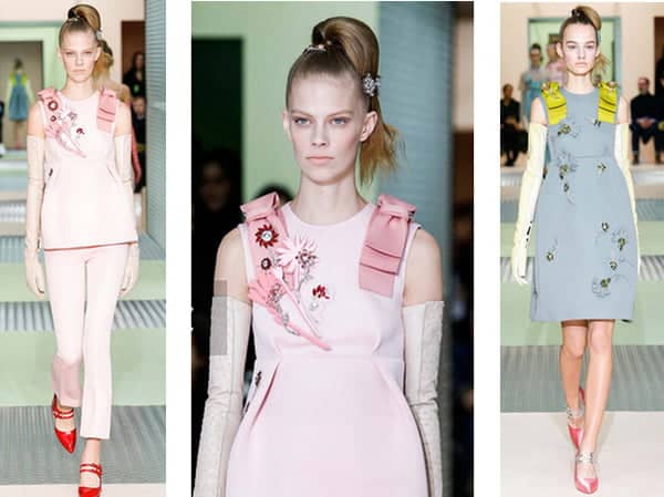 A marca Prada apostou em laços duplos nos tons pastéis e em bordados 3D, para valorizar mais os looks 