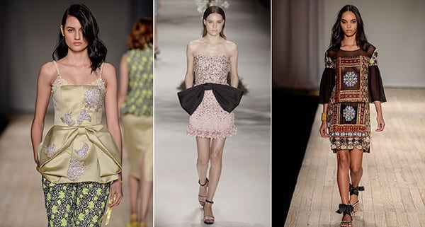 Da esquerda para a direita: laço embutido, laço exagerado na cintura e laços no detalhe das sandálias 