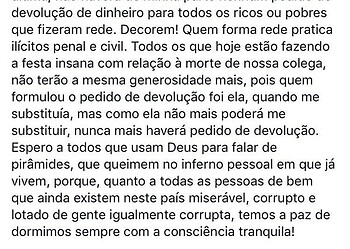 Alessandra Marques posta críticas duras a quem comemora morte da colega promotora